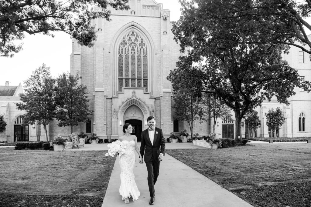 Bride and Groom leave the ceremony at Highland Park Presbyterian Church HPPC in Dallas Texas headed to their reception at the Rosewood Mansion on Turtle Creek.